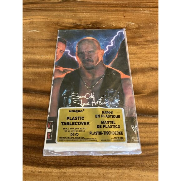 Vintage WWF Plastic Table cover Tablecloth Undertaker Steve Austin The Rock - Picture 11 of 13